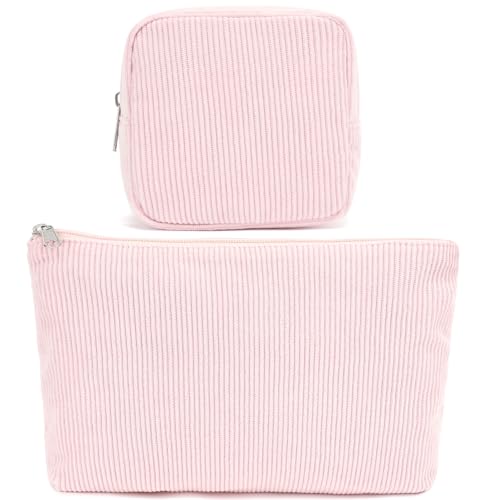 Fammart Corduroy Makeup Bag, Travel Cosmetic Bag Organizer Toiletry Bag Make Up Bags with Zipper & Compartments for Women Girls, 2PCS - color: Corduroy, 2PCS- Pink