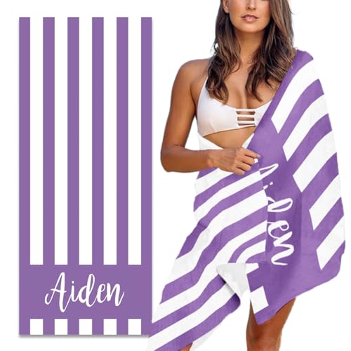 MeMoShe Personalized Beach Towel with Name Custom Microfiber Kids Beach Towels Sand Free Quick Dry Pool Towel Blanket Stripes Print Beach Towels for Adults 30x60 Inch-Light Purple - color: Light Purple 2