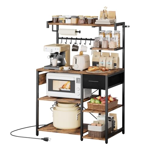 VEVOR Kitchen Bakers Rack with Power Outlets, 31.5 x 15.7 x 55.1 Inch Microwave Stand with Built-in Power Strip & 4.6 Ft Cord, 8 S-Shaped Hooks, for Dish Storage, Spice Jars, Coffee Bar Organization - size: 31.5 x 15.7 x 55.1