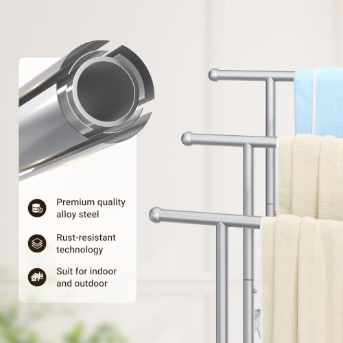 ELYKEN 3 Tier Standing Towel Rack, 40'' Tall Towel Drying Rack Outdoor, Freestanding Floor Towel Rack with Shelf, Pool Towel Blanket Stand, Metal Towel Racks for Bathroom freestanding, Smooth Silver - color: Silver