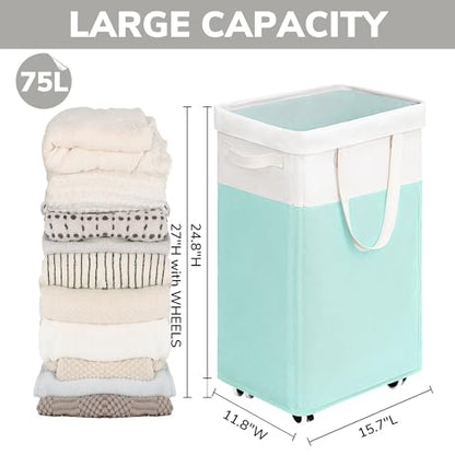 Goodpick Laundry Basket with Wheels, 75L Laundry Hamper with Wheels, Large Laundry Basket with Removable Wash Bag, Clothes Hamper for Laundry, Blue&White - color: Blue & White