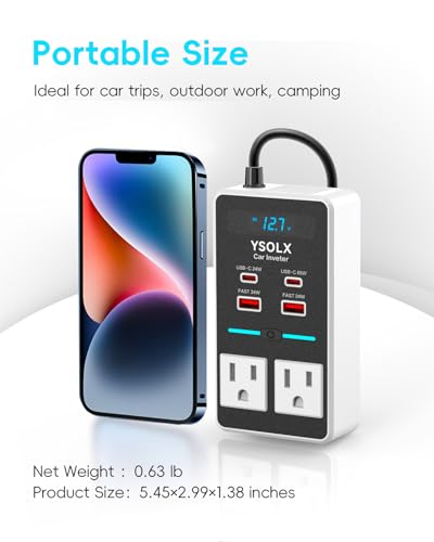 YSOLX 300W 12V to 110V Car Power Inverter, with Dual USB-A 24W and USB-C 65W, Dual AC Car Plug Adapter Outlet and Equipped with a Display Screen.Suitable for car Trips, Camping,Charging laptops - color: white