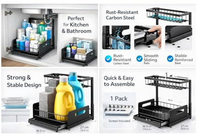 Under Sink Organizer 2 Tier Sliding Storage Rack – Carbon Steel Pull Out Cabinet Shelf for Kitchen & Bathroom, Heavy Duty Metal Under Cabinet Organizer.