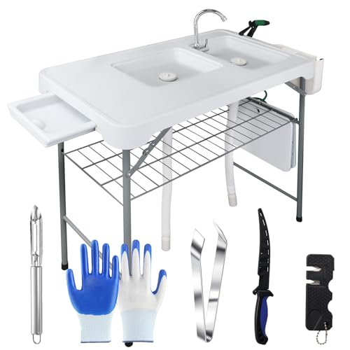 Fish Cleaning Table with 2 Sinks & Grid Rack - 42.5” Outdoor Fish Fillet Cleaning Station for Camping, Patio, Kitchen, RV & Beach