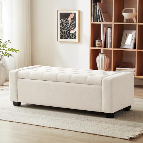 Huatean Home 48" Ottoman with Storage, Storage Ottoman Bench with Safety Hinge, Upholstered Entryway Bench with Seating for Bedroom, Living Room, Holds up to 330 lb, Beige - color: Beige, size: 19.7"D x 48"W x 16.9"H