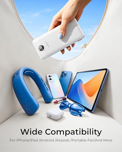 VEGER Portable Charger with Built-in AC Plug and Cables, All in One 10000mAh Ultra Slim Power Bank Travel Essentials, USB C External Battery Pack Compatible with iPhone, Samsung, More, White - color: B White
