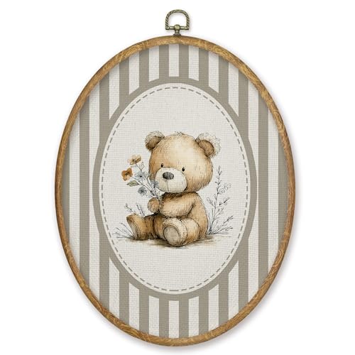 CGBHW Vintage Bear Nursery Oval Wall Art Decor Products, Kids Room Canvas Prints Framed, Neutral Striped Wildflower Bear Wild Animals Wall Art Hanging Decor for Home Kids Boy Room Bedroom Playroom, 8.6x11.4 Inch - color: Colour19