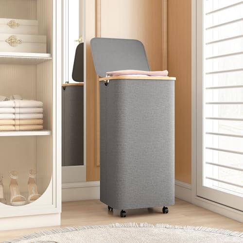 Yecaye 100L Large Capacity Laundry Hamper – Foldable Rolling Laundry Basket, Mobile Clothes Hamper with Wheels, Removable Inner Bag, Bamboo Handle Lid Laundry Bin – Multi-Use Storage,Grey