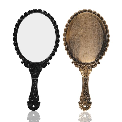 Lystaii 2pcs Handheld Mirror, Vintage Hand Travel Purse Mirrors with Handle Portable Embossed Flower Hand Held Decorative Mirrors Compact Packet Mini Mirror for Girls Face Makeup (Black, Bronze) - color: Black, Bronze