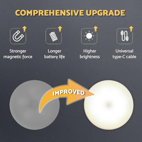 DAZZY DOT Rechargeable Puck Lights 2 Pack, Magnetic Tap Light 1000mAh Battery Powered, Warm Yellow, Dimmable Touch Light Stick on for Closet, Locker, Cabinet, Bedside, Kitchen - color: Warm Yellow