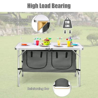 Goplus Folding Camping Table with Storage, Aluminum Outdoor Camp Table with 2-Level Adjustable Height, Lightweight Portable Foldable Picnic Table for Tailgating Beach BBQ Party RV