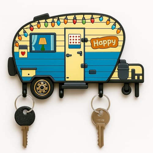 Camper Key Holder for Wall – No Drill No Holes, Adhesive Wall Mount Rack for Keys and Accessories – Cute Vintage Decor for Inside RV or Trailers – Stick On (Yellow/Blue) - color: Happy Camper