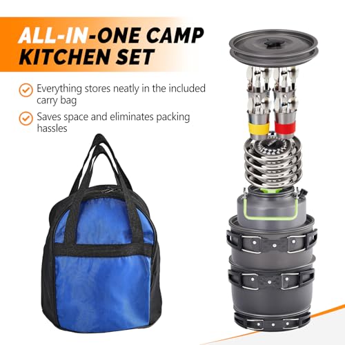 ROVSUN 34 pcs Camping Cookware Mess Kit, Lightweight Non-Stick Camping Cooking Pot and Pan Set with Stainless Steel Camping Gear Kettle Cup for Open Fire, Backpacking, Outdoor Cooking
