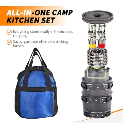 ROVSUN 34 pcs Camping Cookware Mess Kit, Lightweight Non-Stick Camping Cooking Pot and Pan Set with Stainless Steel Camping Gear Kettle Cup for Open Fire, Backpacking, Outdoor Cooking