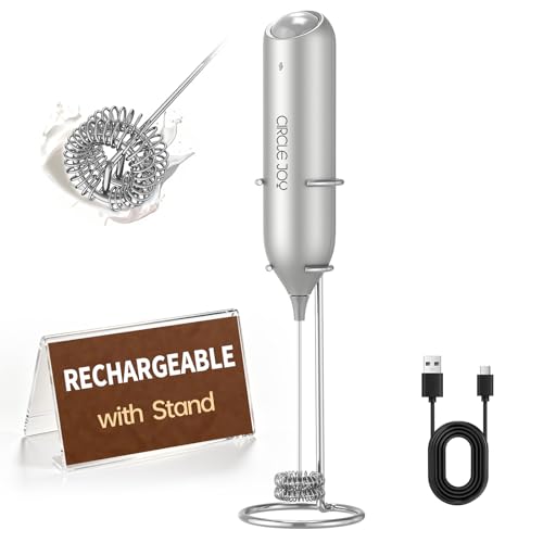CIRCLE JOY Rechargeable Milk Frother Handheld with Stand, Dual Spring Whisk Electric Foam Maker, Detachable Hand Frother Wand Drink Mixer for Lattes, Cappuccino, Macchiato, Hot Chocolate, Silver - color: Stand Silver, size: Rechargeable