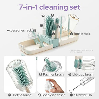 lalalark 7-in-1 Baby Bottle Brush Set, BPA Free Silicone Baby Bottle Cleaning Kit with No Scratch Dual-Headed Brush, Nipple Brush,Soap Dispenser & Drying Rack,Travel Cleaner Set with Storage Case,Mint - color: Mint