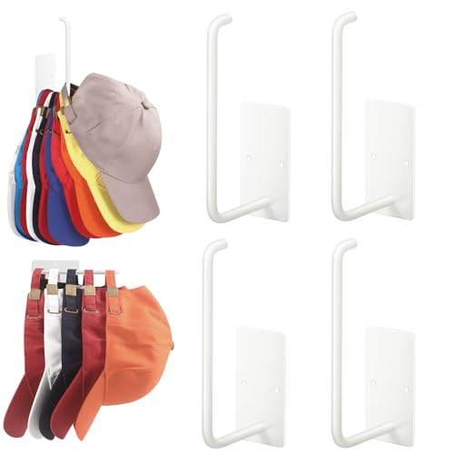 Hat Racks for Baseball Caps 4 Pack, Stainless Steel Adhesive Hat Hanger Hooks Holder for Wall, Multi-Purpose Strong Hook Organizer Can Hold More Than 40 Hats for Door/Closet - color: 4 Pack White