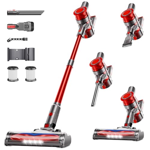 Cordless Vacuum Cleaner, Powerful Stick Vacuum Cleaner for Home with Rechargeable Battery, 6-in-1 Lightweight Handheld Vacuum, 45 Mins Runtime for Hardfloor & Carpets Pet Hair (red)
