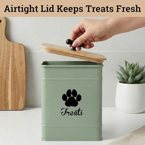 Dog Treat Container Airtight - 6 Inch Wide x 8 Inch Tall Iron Dog Treat Jar for Kitchen Counter with Airtight Bamboo Lid - 12 Cup Capacity Pet Treat Container - Doggie Cookie Jar - Big Treats Canister - color: Sage Green