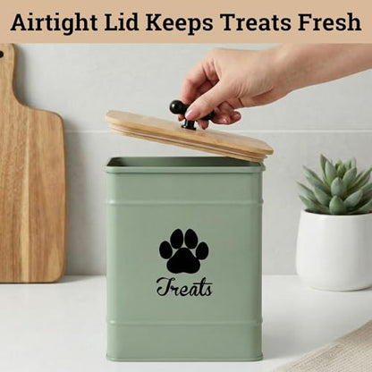 Dog Treat Container Airtight - 6 Inch Wide x 8 Inch Tall Iron Dog Treat Jar for Kitchen Counter with Airtight Bamboo Lid - 12 Cup Capacity Pet Treat Container - Doggie Cookie Jar - Big Treats Canister - color: Sage Green
