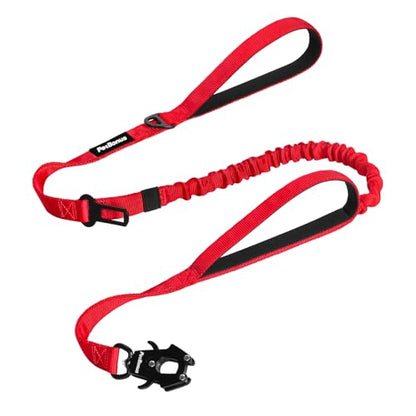 PetBonus Heavy Duty Tactical Dog Leash, 5 FT Bungee Shock Absorption Leash with 2 Padded Handles, Quick Release Metal Clip, Car Seatbelt, No Pull Training Lead for Large Medium Dogs（Red） - color: Red