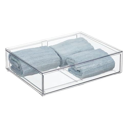 mDesign Wide Plastic Stackable Bathroom Storage Organizer Bin with Pull Out Drawer for Cabinet, Vanity, Shelf, Cupboard, Cabinet, Countertop, Closet Organization - Lumiere Collection - 2 Pack - Clear - size: 12 x 16 x 4 (Pack of 2)