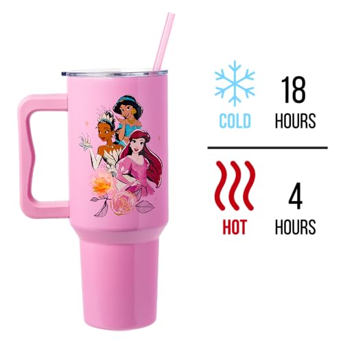 Silver Buffalo Disney Princess Featuring Cinderella, Mulan, Belle, Ariel, Tiana, and Jasmine Double Walled Stainless Steel Tumbler with Handle and Straw, Fits in Standard Cup Holder, 40 Ounces - color: Disney Princesses