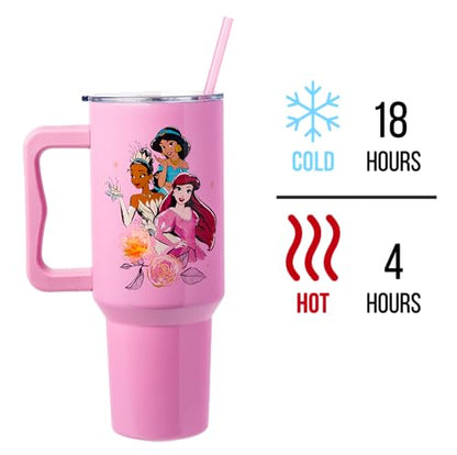 Silver Buffalo Disney Princess Featuring Cinderella, Mulan, Belle, Ariel, Tiana, and Jasmine Double Walled Stainless Steel Tumbler with Handle and Straw, Fits in Standard Cup Holder, 40 Ounces - color: Disney Princesses
