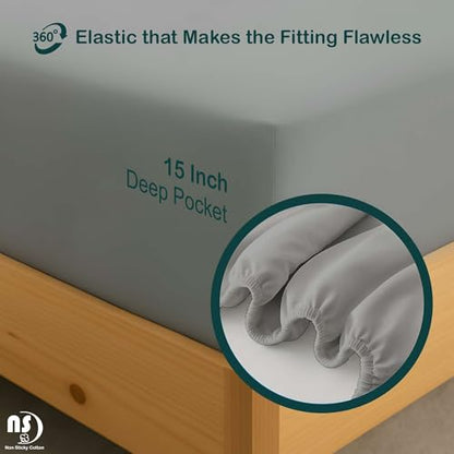 NON Sticky cotton 4 Piece Premium Egyptian Cotton Twin Bed Sheet Set, 15" Deep Pocket Fitted, Easy Care, Soft Sheets for Bedroom and Home Mattress, 39" x 75", Light Grey Solid - color: Light Grey Solid, size: Twin