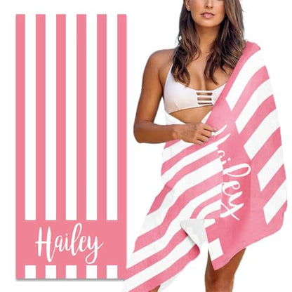 MeMoShe Personalized Beach Towel with Name Custom Microfiber Kids Beach Towels Sand Free Quick Dry Pool Towel Blanket Stripes Print Beach Towels for Adults 30x60 Inch-Pink-2 - color: Pink-2