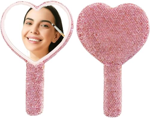 Large Rhinestone Handheld Mirror Heart Bling Glitter Cosmetic Dazzling Portable Hand Mirrors with Handle for Women Wedding Silver White (All Pink) - color: All Pink