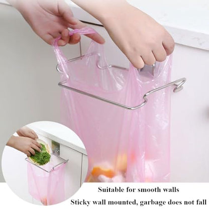 Trash Bag Holder for Cabinet Doors & Cupboards, Stainless Steel Garbage Bag Holder with Adhesive Base Sticker, Portable Kitchen Trash Can for Under Sink Trash Bag Holder, Under Counter Trash Can