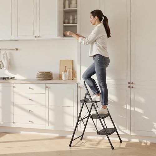 VEVOR 3 Step Ladder, Folding Step Stool with Wide Anti-Slip Pedal and Comfort Handgrip, Lightweight 600 lbs Capacity Portable Steel Ladder, Multi-Use for Kitchen, Home, Household and Office, Black - size: 18.3 x 28.7 x 40.7 in(Expanded)