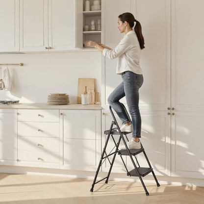 VEVOR 3 Step Ladder, Folding Step Stool with Wide Anti-Slip Pedal and Comfort Handgrip, Lightweight 600 lbs Capacity Portable Steel Ladder, Multi-Use for Kitchen, Home, Household and Office, Black - size: 18.3 x 28.7 x 40.7 in(Expanded)