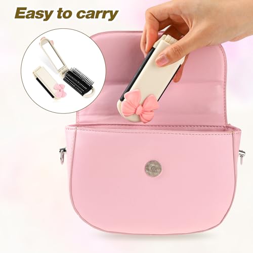 Folding Travel Hair Brush with Removable Mirror, Collapsible Compact Design, Massage Comb for Gym, Trips, Purse, Swimming (Cream Colour) - color: cream