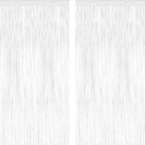 ZATAYE 2 Pack White Foil Curtain Streamer Decorations | White, Metallic Foil, 3.28 x 7.05 FT, Tinsel Backdrop, Foil Curtain Streamer, Party Decor, Photo Booth Door Wall Decor - color: White, size: 2 PCS