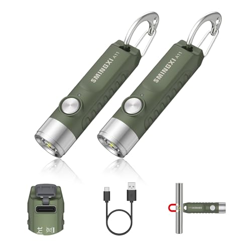 500LM EDC Keyhain Flashlight Rechargeable, Mini Pocket Flash Light | 5-Lighting Mode, Magnetic Tail, Durable D-ring Clip,USB-C Charge, IP66, Portable LED Lighting for Emergency, Camping, 2 Pack - color: Green-2pcs