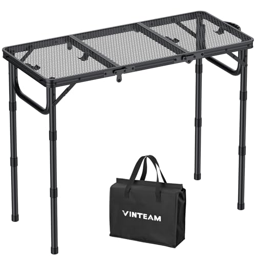 VINTEAM Folding Grill Table with Mesh Top, 3 Adjustable Heights, Lightweight Portable Camping Table, Black Aluminum Alloy BBQ Picnic Table for Outdoor Cooking, Tailgating, Beach, RV & Backyard - style: 3-Fold Mesh Tabletop