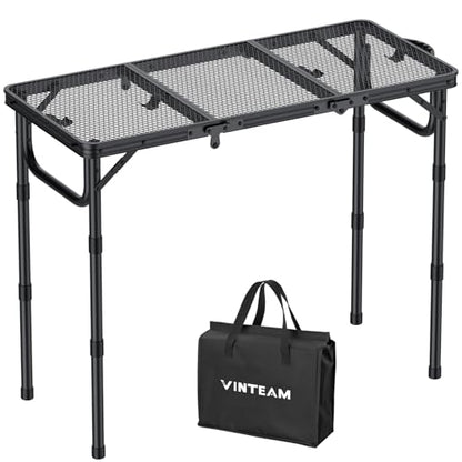 VINTEAM Folding Grill Table with Mesh Top, 3 Adjustable Heights, Lightweight Portable Camping Table, Black Aluminum Alloy BBQ Picnic Table for Outdoor Cooking, Tailgating, Beach, RV & Backyard - style: 3-Fold Mesh Tabletop