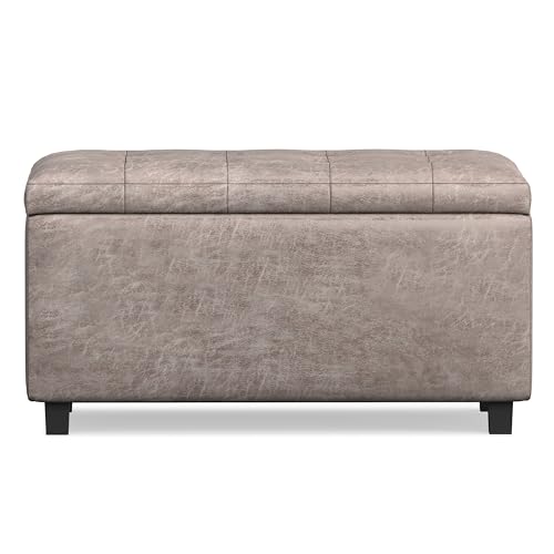 SIMPLIHOME Cosmopolitan Storage Ottoman - 34 inch Wide Upholstered Vegan Leather Rectangle Storage Ottoman Bench in Distressed Grey Taupe, Transitional Tufted Ottoman for Living Room with Lift-Up Lid - color: Distressed Grey