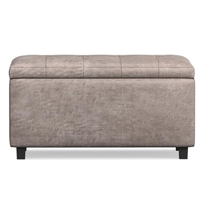 SIMPLIHOME Cosmopolitan Storage Ottoman - 34 inch Wide Upholstered Vegan Leather Rectangle Storage Ottoman Bench in Distressed Grey Taupe, Transitional Tufted Ottoman for Living Room with Lift-Up Lid - color: Distressed Grey