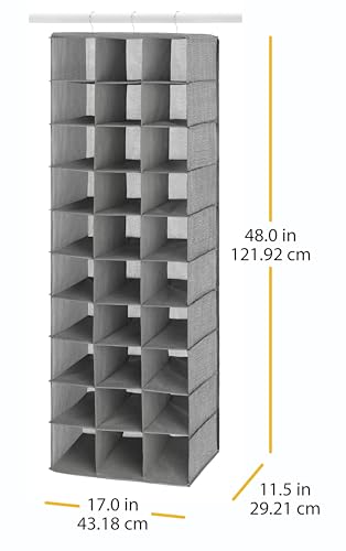 Whitmor 30 Sections Hanging Clothes Closet Shoe Organizer, Space Saving Breathable Fabric Shoe Storage for Bedroom, Laundry, Dorm, Crosshatch Gray - size: 11.5 inches (L) x 16.5 inches (W) x 48 inches (H)