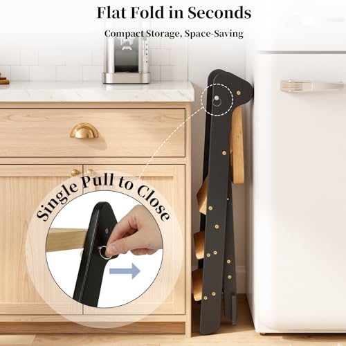 COSYLAND Foldi Foldable Toddler Kitchen Stool - Adjustable Height Toddler Standing Tower with Net & Safety Feet, IF Award-Winning Wooden Learning Step Tower for Kids 18M-6Y, Black & Natural - color: Black & Natural