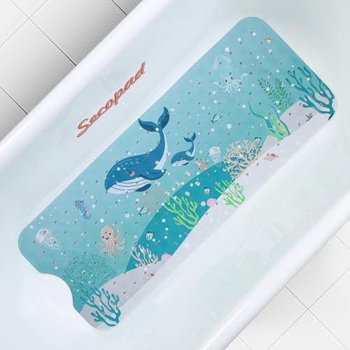 Secopad Bath Mat for Tub Non Slip, Machine Washable Anti-Slip Cartoon Baby Bathtub Shower Mat with Drain Holes and Suction Cups for Toddler & Kids (40 Inch x 16 Inch-Rectangular, 2-Whales) - color: 2-whales, size: 40" x 16" (Rectangular)