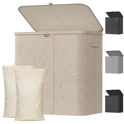 Lifewit 145L Large Laundry Basket with Lid, Laundry Hamper with Plastic Handles and Removable Bag, Foldable Tall Dirty Clothes Hampers for Laundry for Laundry Room, Bedroom, Bathroom, Dorm, Beige - color: Beige, size: 145L