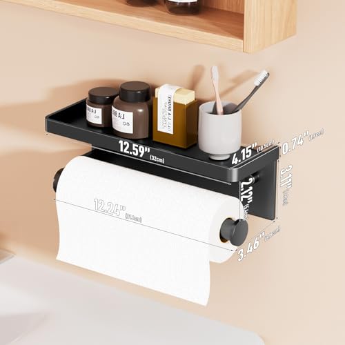 Black Paper Towel Holder with Shelf, Wall Mount Paper Towel Holder for Bathroom Kitchen, Hand Towel Rack Holder,Paper Roll Holder with Self Adhesive & Screw,RV - color: Black Pro