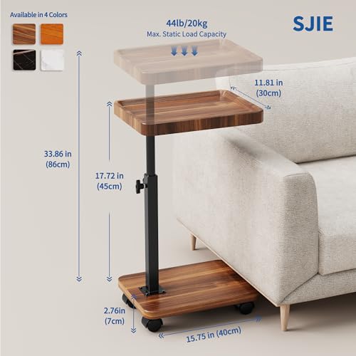 C Table End Table Adjustable Height, 360°Swivel TV Tray Table for Small Spaces, Side Tables with Wheels for Living Room and Bedroom, Bed (Walnut) - color: Walnut-height Adjustable