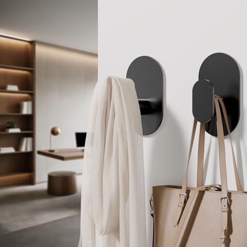 Aikzik Adhesive Hooks, 26LB Extra Strong Heavy Duty Wall Hooks for Hanging Coat, Robe, Towel, Dogs' Leads and Collars Stainless Steel Waterproof Stick on Bathroom/Shower, Door - 2 Pack (Matte Black) - color: Black-2