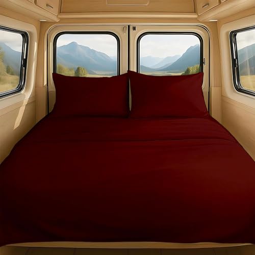 NON Sticky cotton 4 Piece Premium Egyptian Cotton RV Short Queen Sheet Set, 15" Deep Pocket Fitted, Soft, Easy Care, Camper Bedding Sheets for Bunks and Motorhomes, 60" x 75", Burgundy Solid - color: Burgundy Solid, size: Short Queen