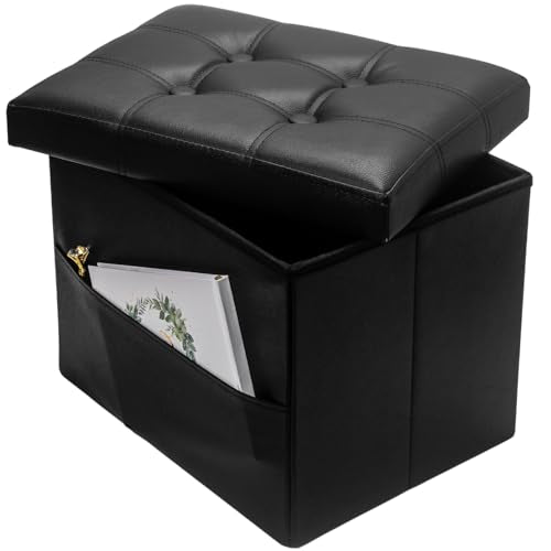 Bsketa Storage Ottoman Foot Rest Stool, Small Leather Storage Ottomans Bench, Folding Footstool with Side Pockets, Foot Rest Under Desk for Living Room Bedroom, 16x12x12 in, Black - color: Black-with Side Pockets...